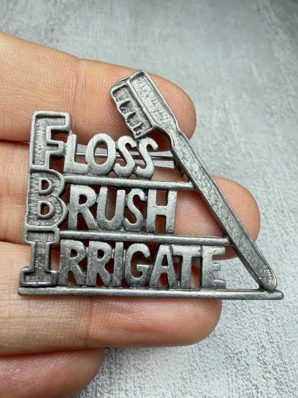 Dental Hygiene Brooch Floss Brush Irrigate Signed REN Vintage